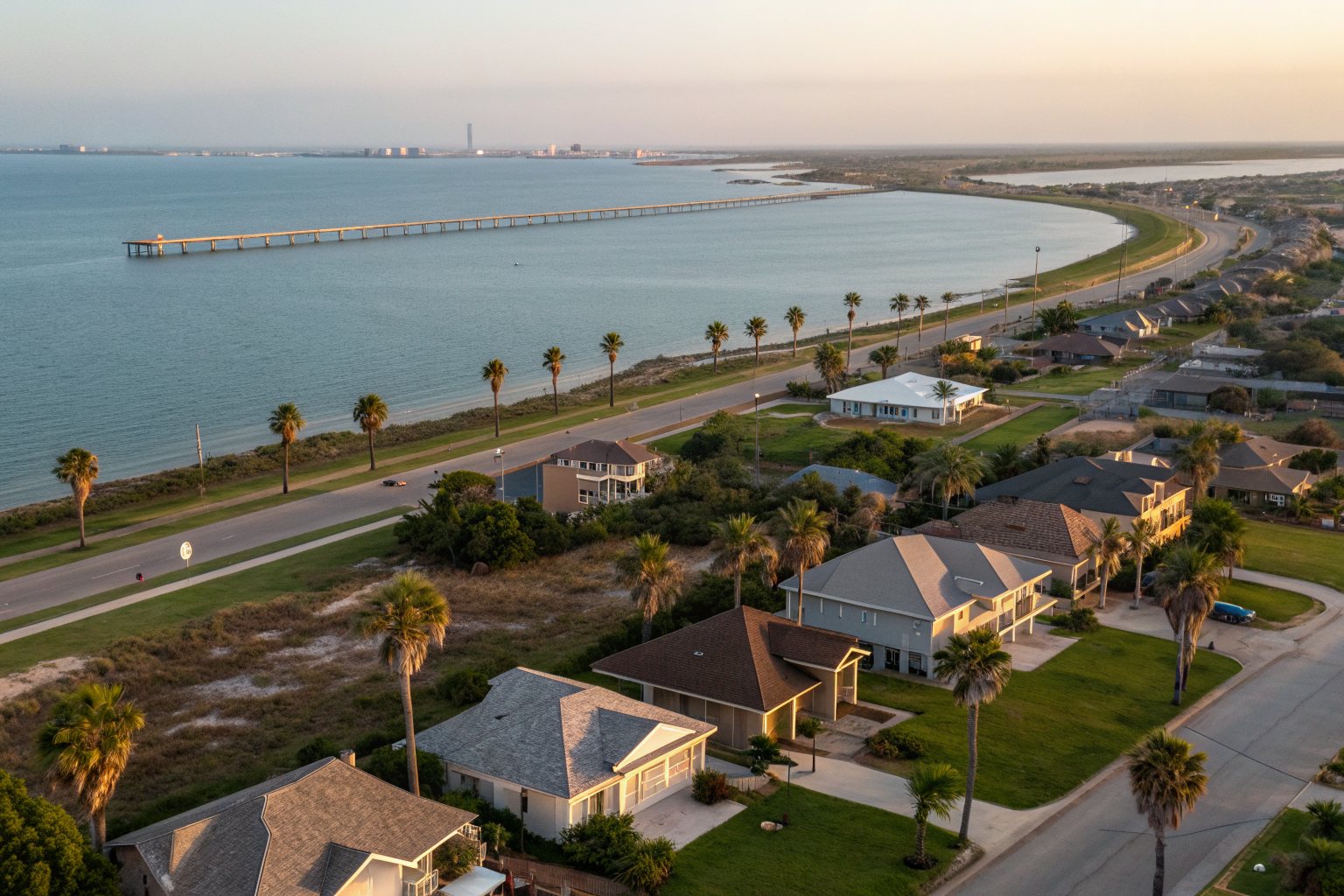 Aerial view of shingle-roofed homes and palm trees along a wide shallow bay with a long pier