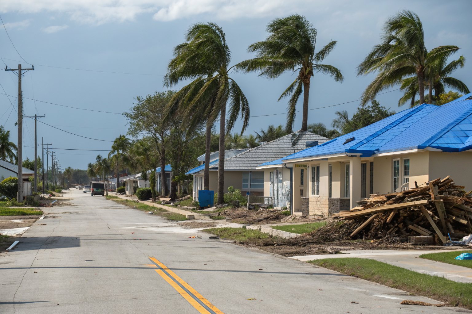 Blue tarps on storm-damaged roofs along a street of one-story homes with debris at the curb