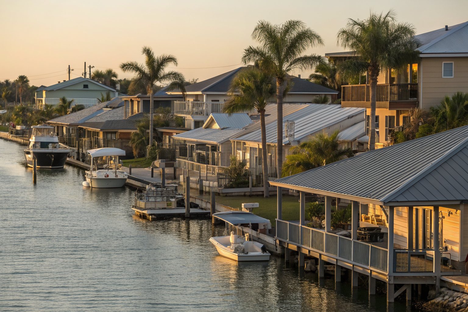 Raised waterfront homes on a residential canal with boat lifts and palm trees