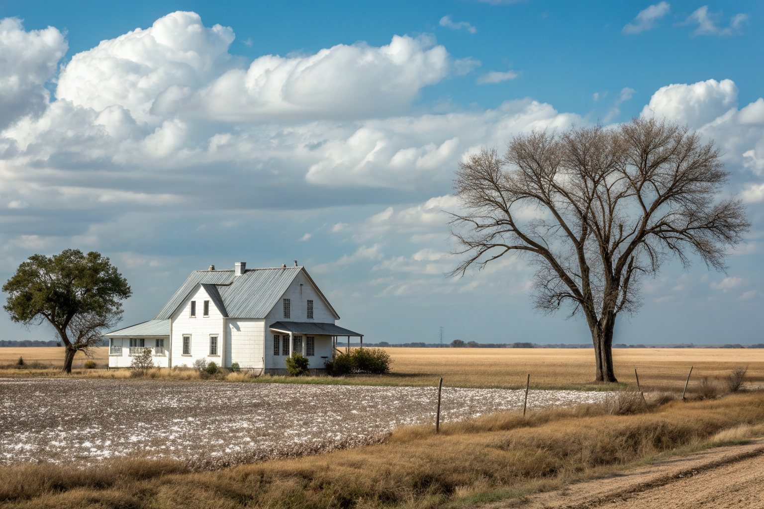 A white farmhouse with a gray metal roof beside flat farm fields under a wide sky
