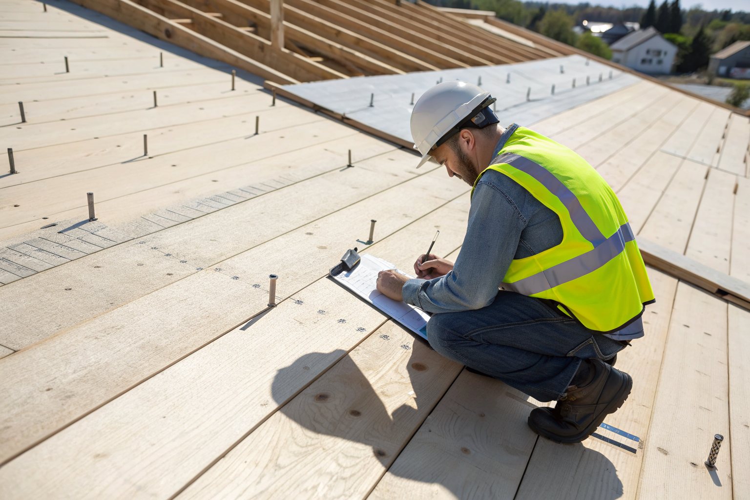 An inspector kneeling on new roof decking and checking the nailing with a clipboard