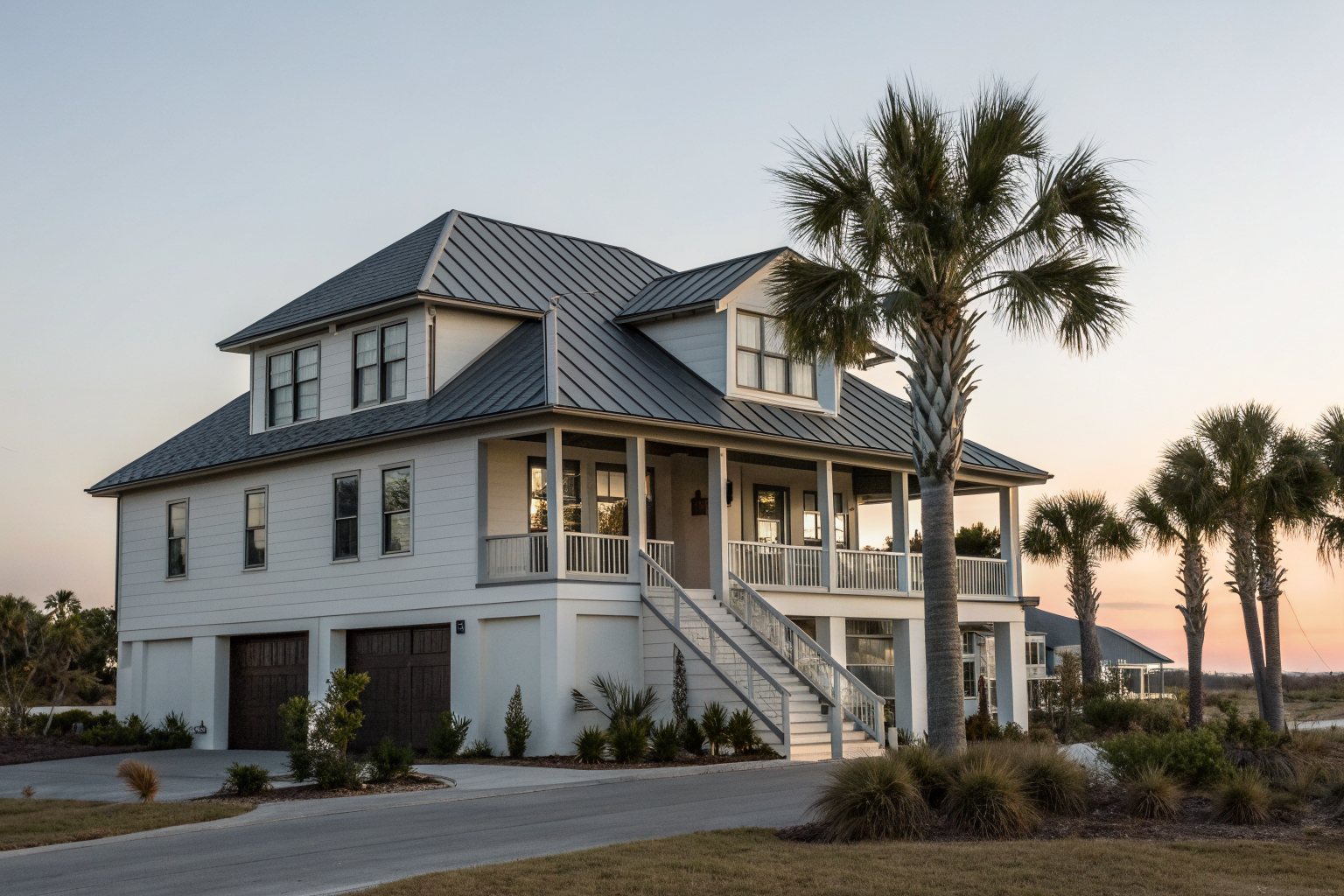A two-story coastal home with a dark gray standing-seam metal roof and a wide porch
