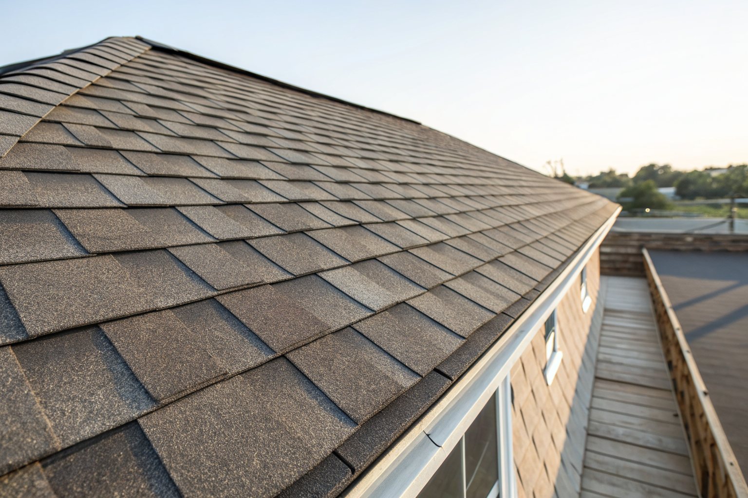 Close view of new architectural shingles and a neat ridge cap in morning light