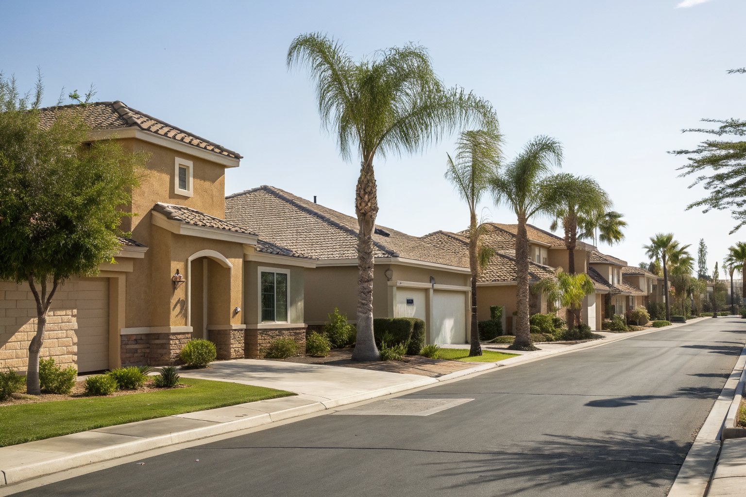 A street of newer stucco and brick homes with shingle roofs and young palm trees