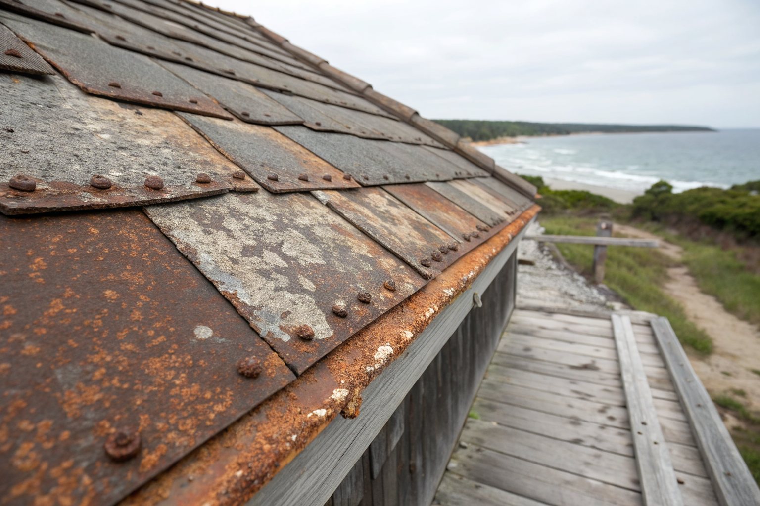 Close view of rusty, salt-worn metal flashing at the edge of an old roof near the coast