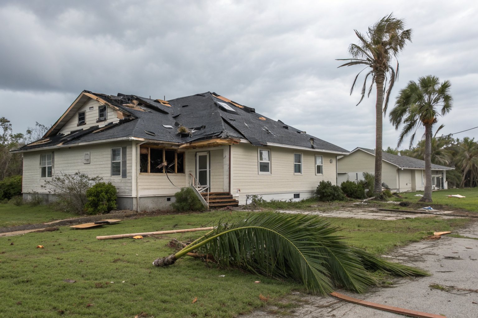 A one-story house with patches of shingles torn away after a hurricane and palm fronds on the lawn