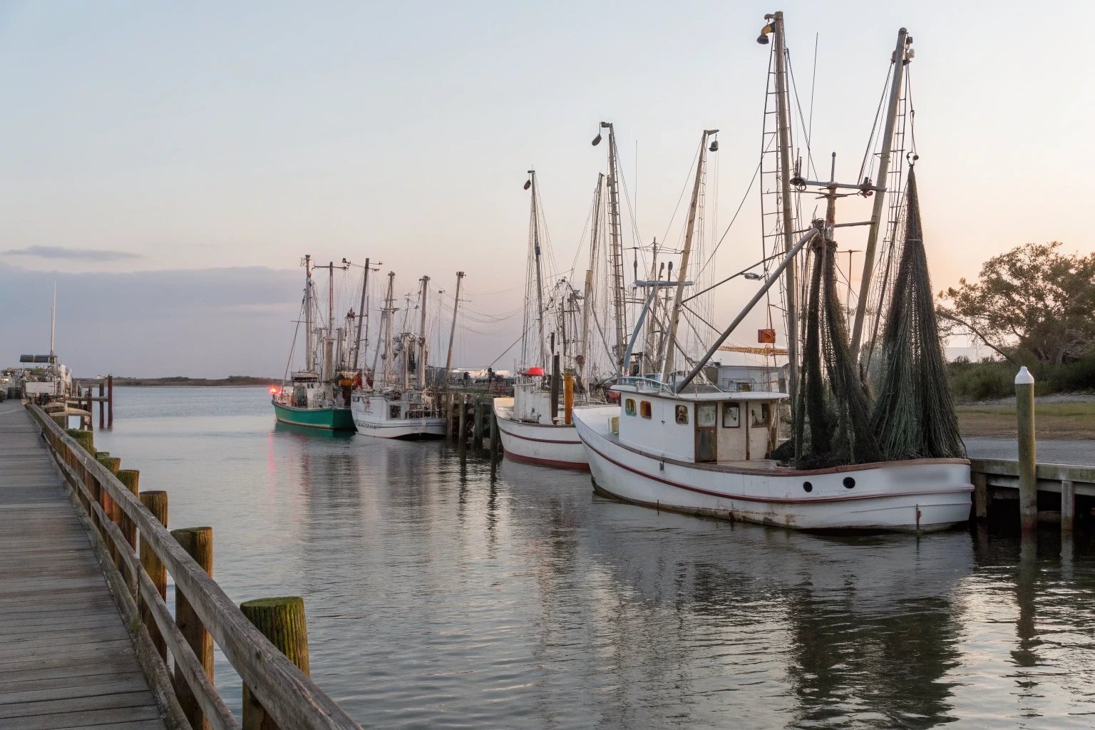 White shrimp boats with tall nets tied up at a wooden dock in a small harbor