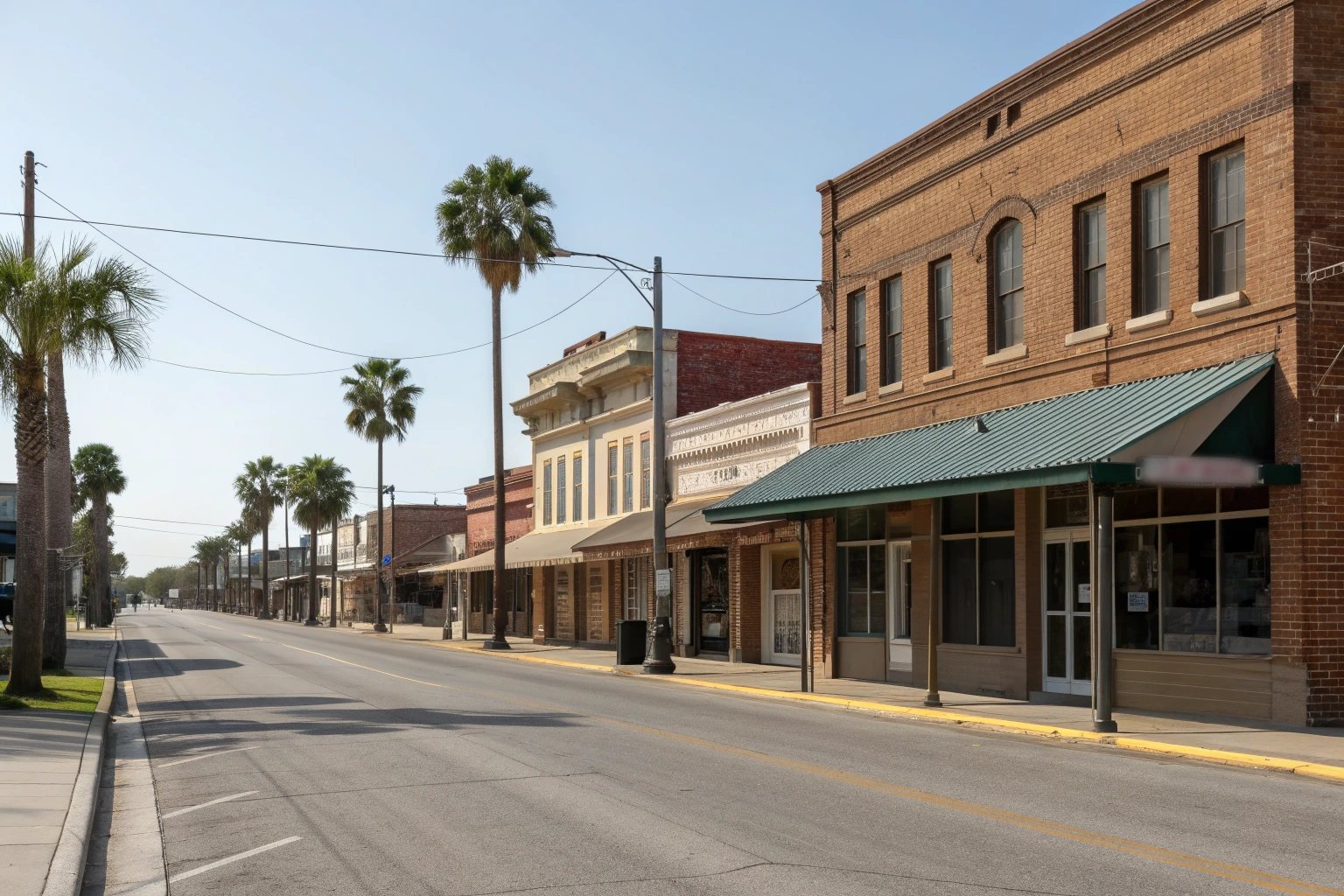 A small South Texas main street with early 1900s brick storefronts and palm trees