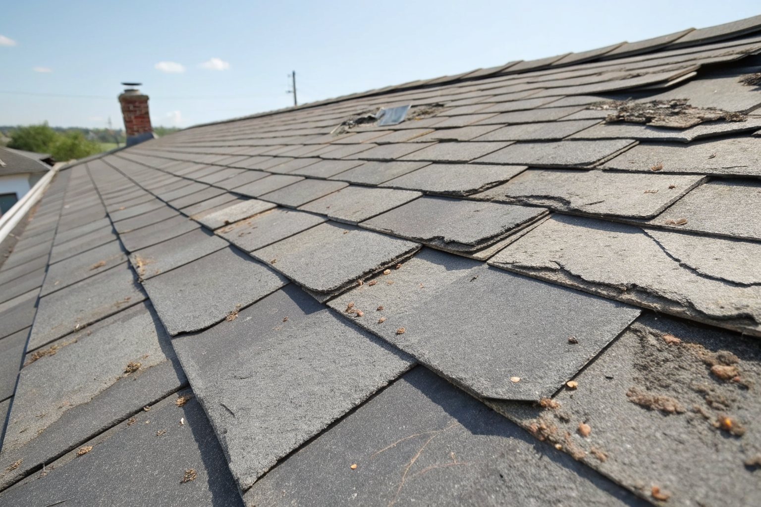 Close view of sun-faded, cracked and curling gray shingles
