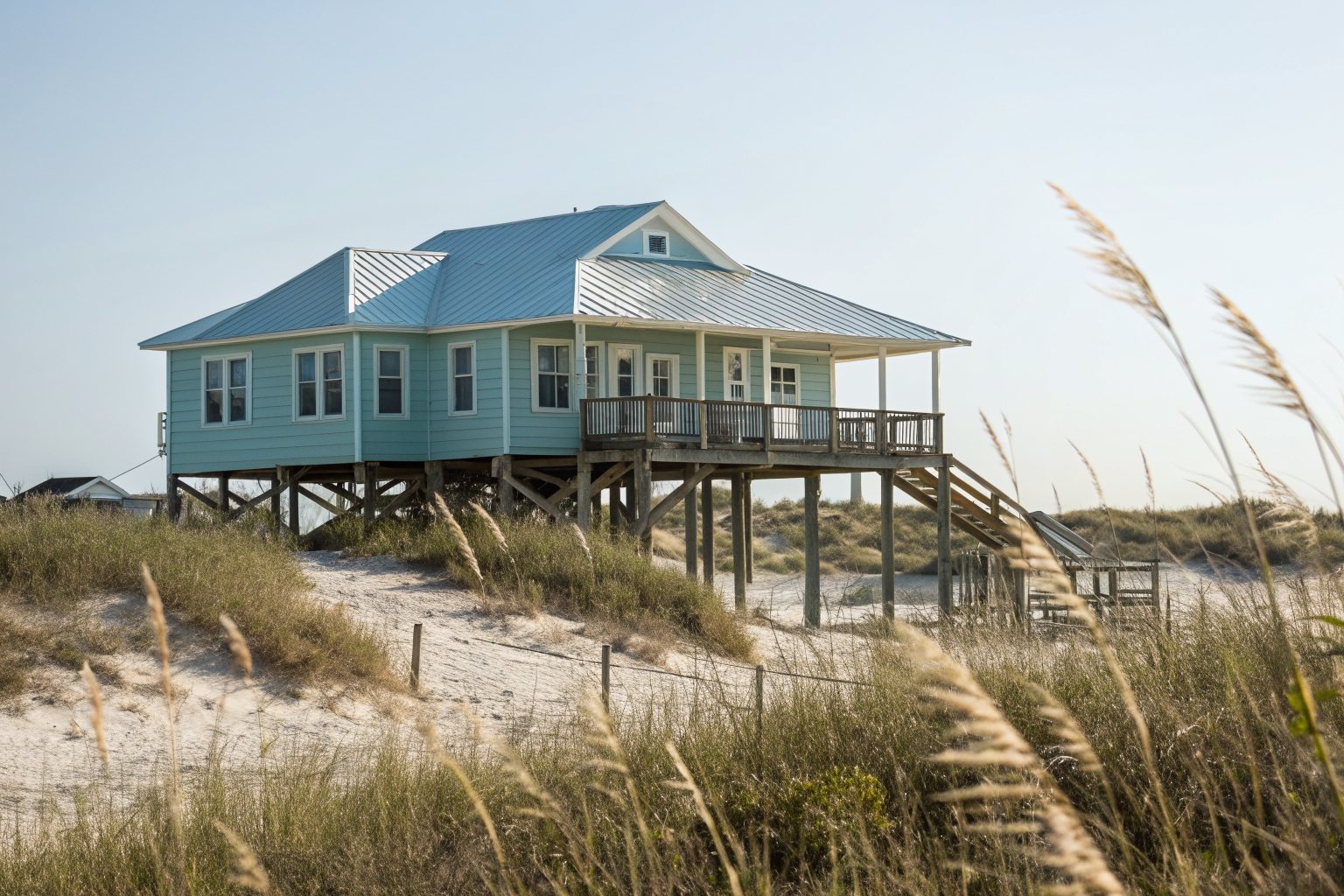 A raised coastal house on pilings with pale blue siding and a white standing-seam metal roof