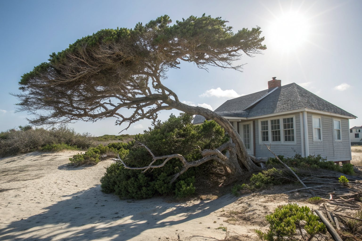 A wind-shaped coastal live oak leaning over a small cottage with a gray shingle roof